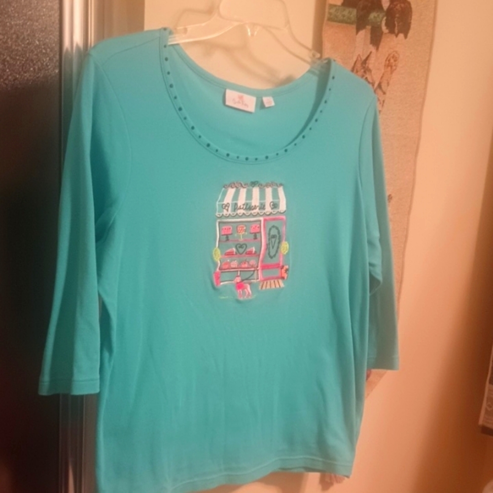 Aqua Woman Shirt with Embroidered Design By Quaker Factory Size L
